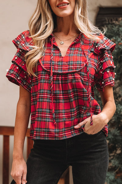 women's pearl-embellished red plaid ruffle sleeve blouse made for easy styling and wardrobe coordination, with premium-like structure and finish. with