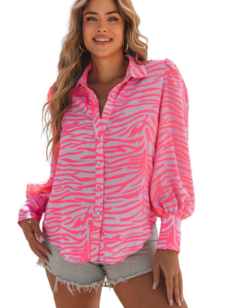 Pink Zebra Print Blouse with Lantern Sleeves