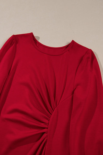 Women's Fiery Red Ruched Midi Dress with Bishop Sleeves