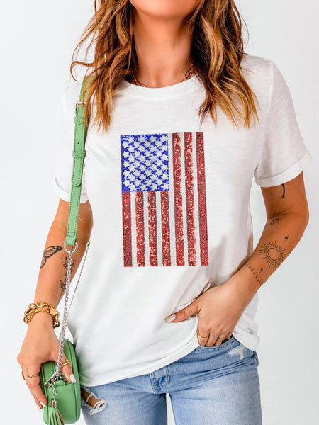 Shimmering White American Flag Print T-Shirt