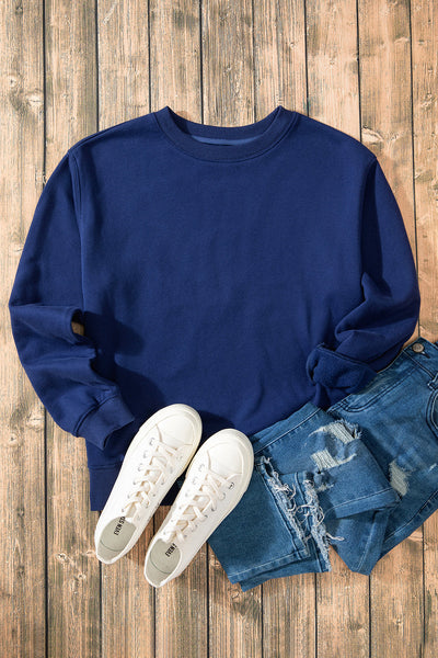 Cozy Women's Navy Blue Fleece-Lined Drop Shoulder Sweatshirt - Casual Comfort for Everyday Wear
