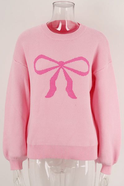 Cozy Women's Pink Bow Graphic Drop Shoulder Sweater - Casual Chic Round Neck Top for Effortless Style
