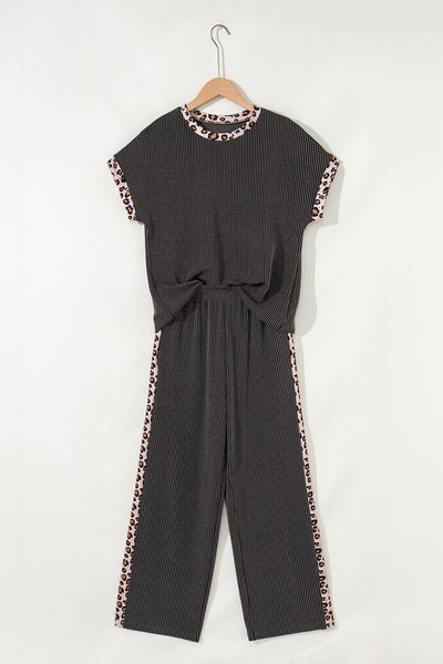 Women's Ribbed Two-Piece Pant Set with Leopard Trim