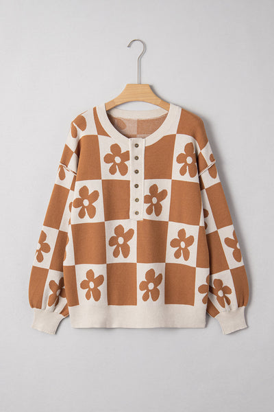 Women's Floral Checkerboard Viscose-Blend Henley Sweater