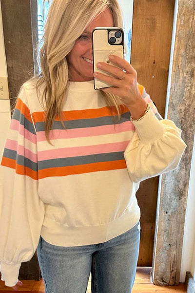 Women's Beige Striped Puff Sleeve Sweatshirt for Women - Trendy Casual Pullover Top for Stylish Everyday Comfort