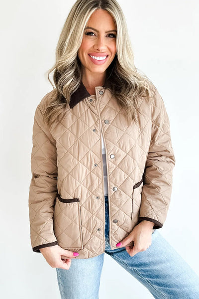 Cozy Women's Color Block Quilted Winter Jacket in Parchment with Snap Buttons and Pockets for Chic Warmth