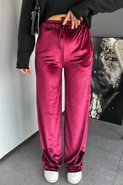 Women's Shiny Velvet High Waist Straight Leg Casual Pants in Pitaya Pink - Comfortable & Stylish for Everyday Fashion