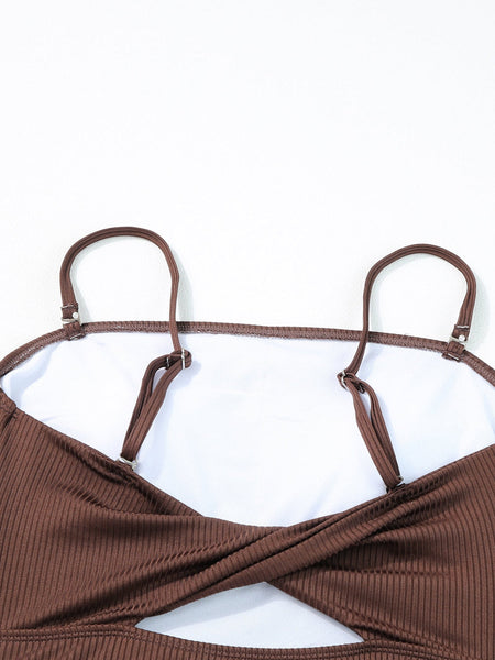 Ribbed Coffee Boho Drawstring Monokini Swimsuit