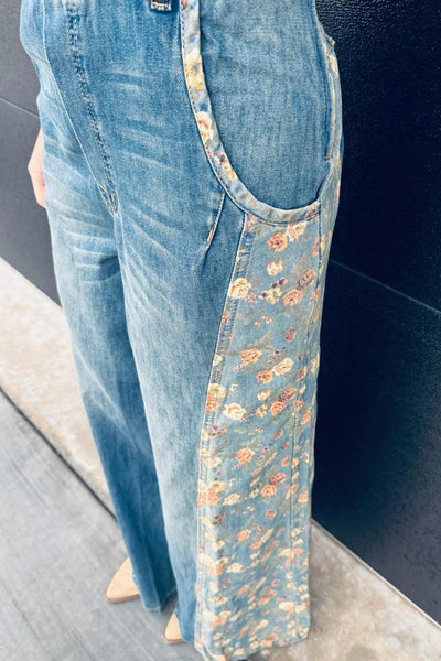 stylish women's peacock blue floral patchwork wide leg denim overalls - comfortable fashion for casual outings made for easy styling and wardrobe with
