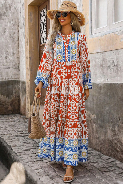 Women's Flowy Orange Boho Maxi Dress with Geometric Print and Long Sleeves for Effortless Style and Comfort