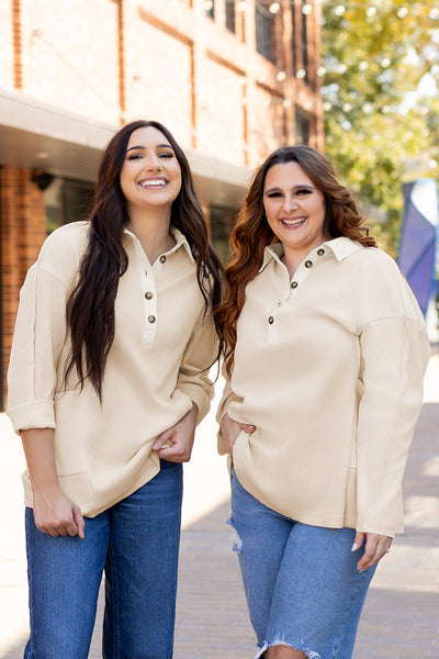 Women's Relaxed Fit Jet Stream Waffle Long Sleeve Collared Top - Versatile Casual Layering Piece for All Seasons