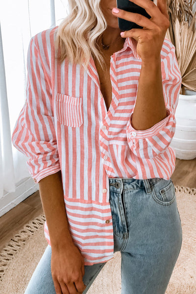 Women's Casual Long Sleeve Pink Striped Button-Up Shirt - Stylish Everyday Top for Effortless Outfits