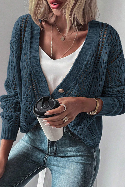 Stylish Women's Real Teal Open Knit Drop Shoulder Cardigan Sweater - Cozy Layering Essential for Effortless Chic Looks
