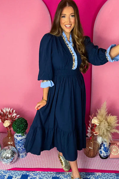 Elegant Women's Navy Blue Flowy Midi Dress with Ruffled 3/4 Sleeves and Stylish Contrast Frill for Casual Chic Look
