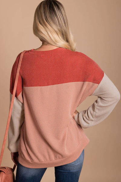 Women's Casual Fiery Red Color Block Long Sleeve Ribbed Top - Comfortable Loose Fit for Effortless Everyday Style