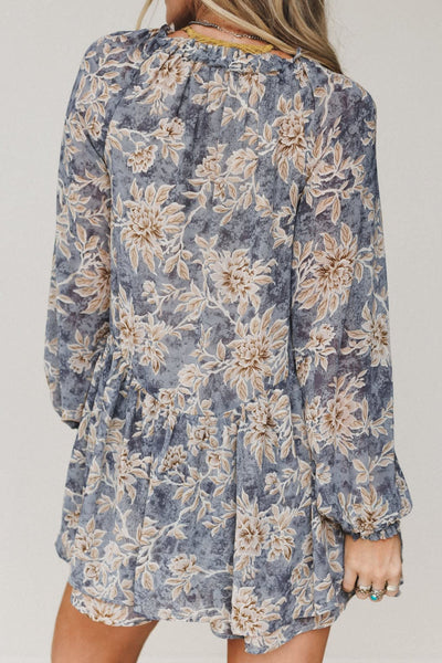 Women's Dusty Blue Floral Ruffle Romper with Long Bishop Sleeves