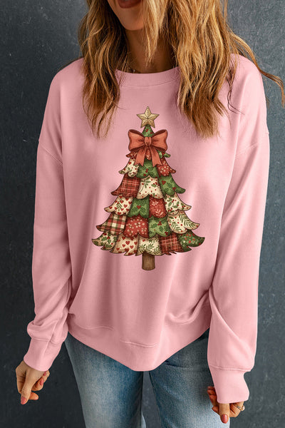 Patchwork Christmas Tree Crewneck Sweatshirt in Pink with practical styling and dependable silhouette control.
