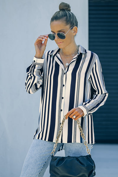 Chic Women's White and Navy Striped Shirt - Comfortable Fit for Effortless Everyday Style and Casual Elegance
