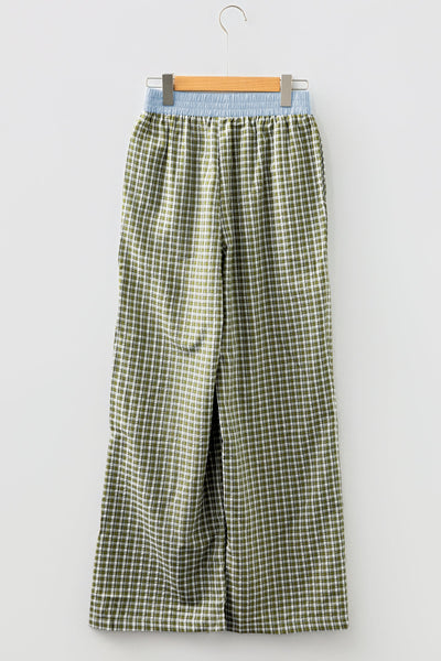 Women's Brown Gingham High-Waist Boxer Pants with Blue Contrast
