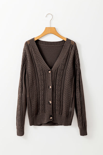 Chic Women's Dark Khaki Open Knit Cardigan Sweater - Cozy Drop Shoulder Design for Effortless Layering