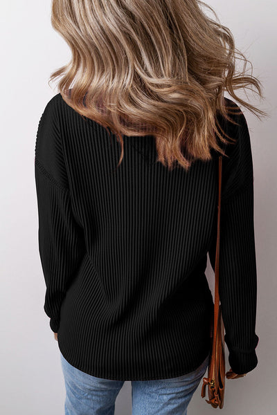Stylish Women's Black Corded Drop Shoulder Long Sleeve Top - Cozy Everyday Essential for Effortless Chic Looks