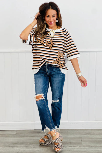 Trendy Women's Khaki Striped Casual Top with Star Patches & Exposed Seams - Half Sleeve, Perfect for Everyday Style