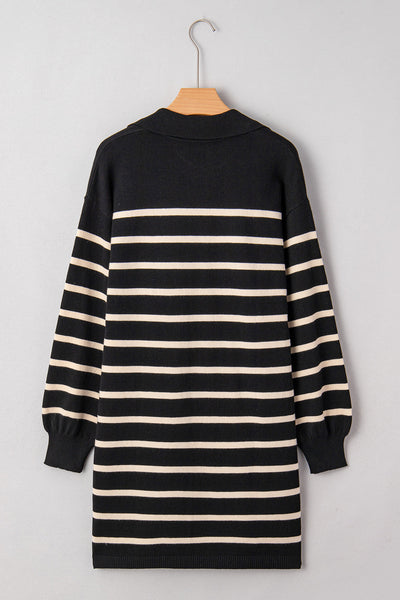 Elegant Women's Black Striped Polo Mini Dress with Puff Sleeves for Stylish Comfort and Versatile Everyday Wear