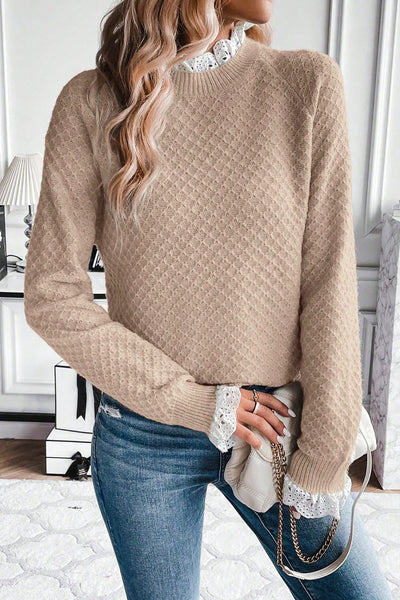 Beige Lace Trim Raglan Sleeve Sweater for Women - Elegant Frill Design for Comfort and Chic Style