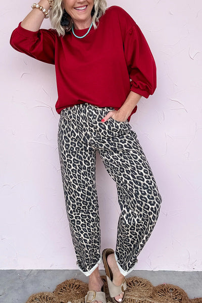 High-Waisted Black Leopard Print Barrel Jeans for Women - Chic Casual Style with Trendy Comfort and Flair