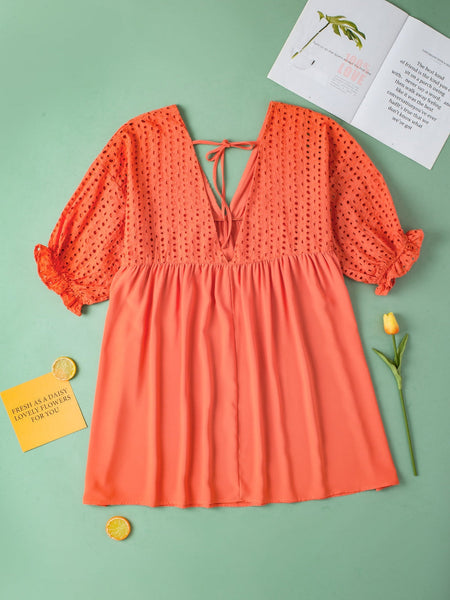 Elegant Eyelet Babydoll Dress with Carrot Contrast Bodice