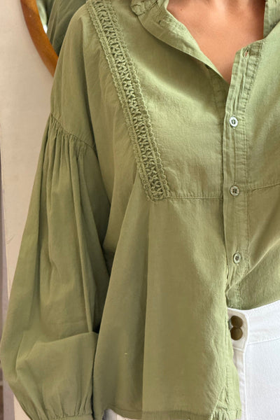 Women's Grass Green Puff Sleeve Lace Blouse - Trendy Drop Shoulder Shirt for Effortless Chic Style and Comfort