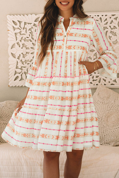 Bohemian Summer Orange Printed Ruffled Dress for Women with Bracelet Sleeves and Slit Neck - Relaxed Fit & Stylish