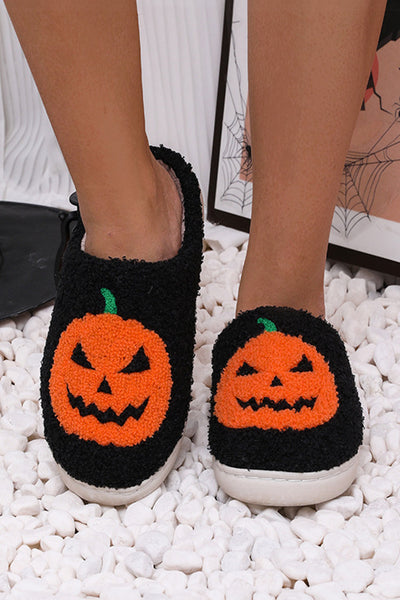Women‚Äôs Cozy Black Pumpkin Print Plush Slippers Ideal for Halloween & Fall Comfort at Home