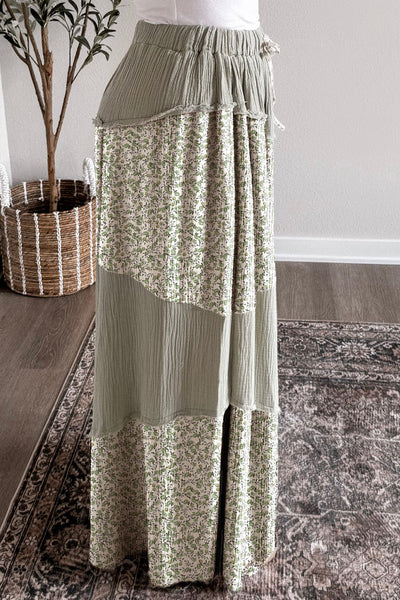 women's sage green floral patchwork wide-leg pants with raw edges made for easy styling and wardrobe coordination, with premium-like structure and