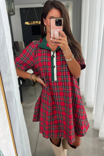 women's red christmas plaid shift dress with contrast button placket made for easy styling and wardrobe coordination, with premium-like structure and