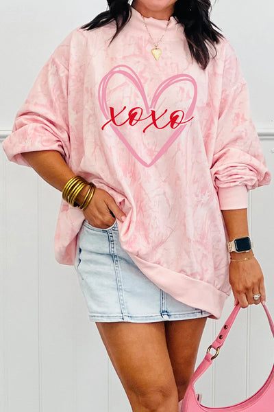 Women's Pink Tie-Dye Heart Print Mock Neck Oversized Sweatshirt
