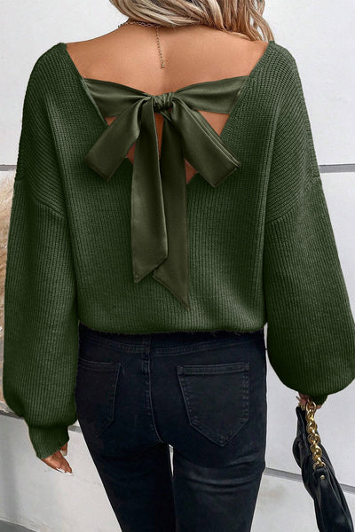 Women's Cozy Jungle Green V-Neck Sweater with Lantern Sleeves and Knot Back Detail - Perfect for Any Occasion