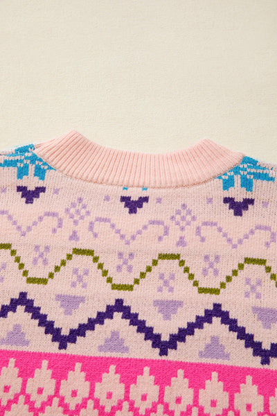 Cozy Women's Multicolor Ethnic Christmas Sweater with Feather Cuffs - Perfect for Stylish Holiday Festivities