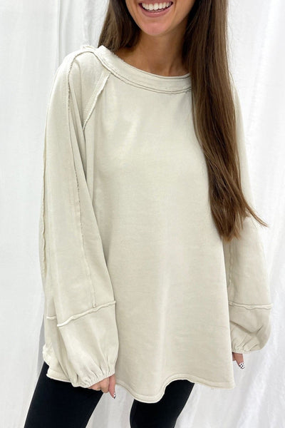 Beige Baggy Sweatshirt for Women Stylish Raw Seam Patchwork Design for Comfortable Casual Outfits