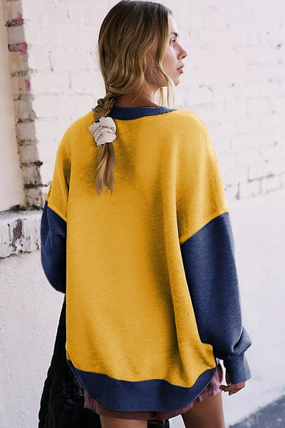 Women's Yellow Color Block Sweatshirt with Thumbhole Sleeves and Drop Shoulder for a Stylish, Comfortable Fit