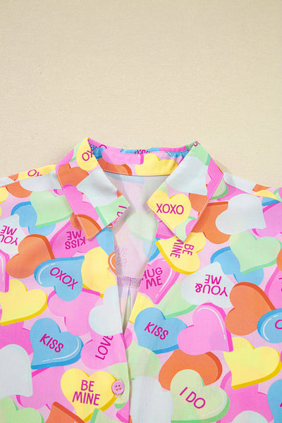 Women's Cozy Pink Valentine's Day Candy Heart V-Neck Tunic & Shorts Pajama Set for Relaxing Nights at Home