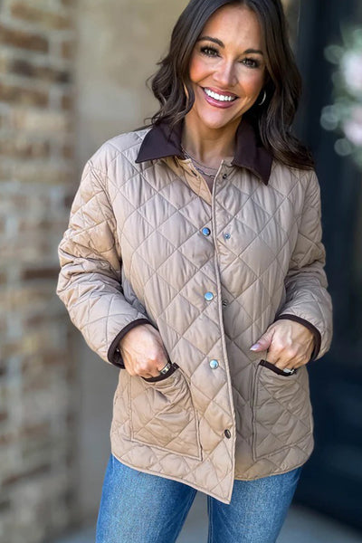 Cozy Women's Color Block Quilted Winter Jacket in Parchment with Snap Buttons and Pockets for Chic Warmth