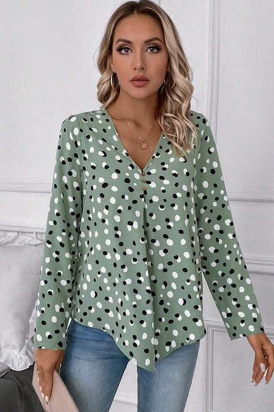 Stylish Women's Green Polka Dot V-Neck Blouse with Button Front - Perfect Casual Top for Spring and Summer Fashion