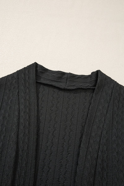 Chic Black Textured Knit Cardigan for Women with Side Pockets and Open Front  Stylish Layering Essential