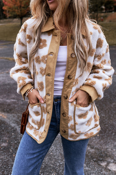 Women's Cozy Casual Light Beige Fleece Jacket with Floral Pattern and Button-Up Design for Effortless Style