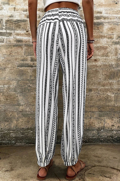 Women's Black Striped Boho Joggers with Drawstring Waist  Casual Comfort Pants for Effortless Style