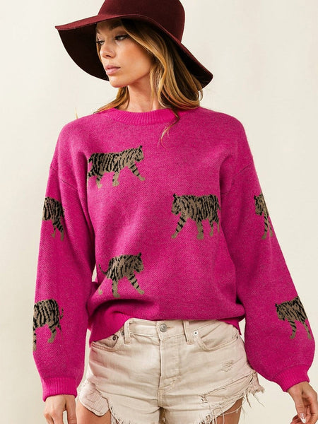 Fierce Leopard Print Rose Red Knit Sweater for Casual Chic
