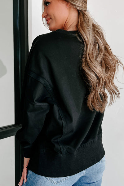 Women's Black Drop Shoulder Sweatshirt with Exposed Seams and Side Slits - Casual, Cozy Fit for Everyday Style