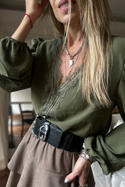 Stylish Women's Grass Green V-Neck Puff Sleeve Blouse with Eyelash Detail - Trendy Top for Every Occasion