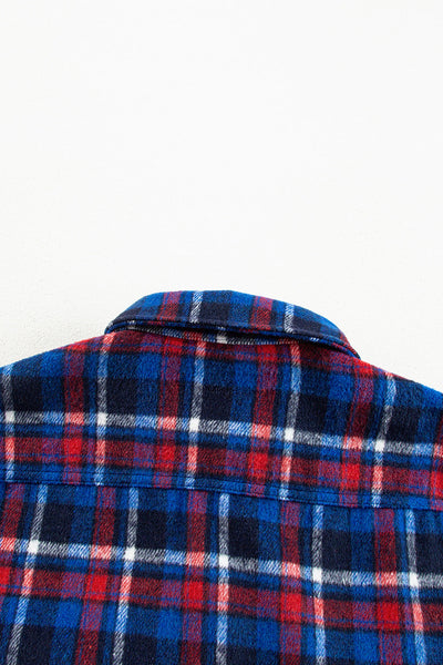 Women's Stylish Navy Blue Plaid Shacket with Flap Pockets - Trendy Button-Up Layering Essential for Fall Outfits